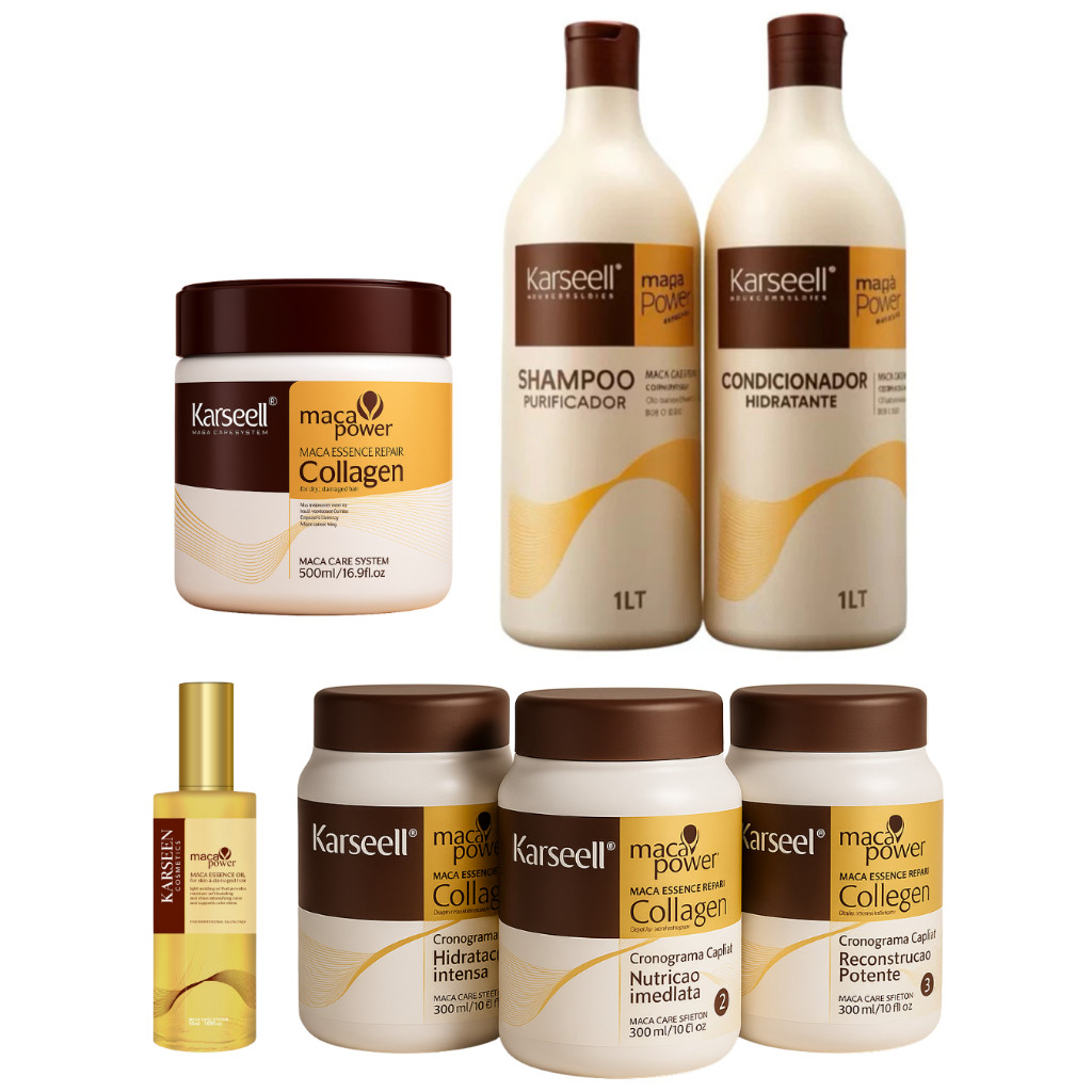 Kit Karseell Completo com 7 Produtos – Cronograma Capilar + Máscara 500g, Shampoo 1L, Condicionador 1L e Reparador 50ml