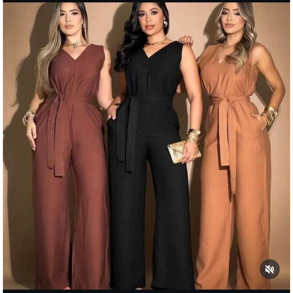 Macacão feminino elegante pantalona longa com cinto, decote em V, costas abertas e bolsos invisíveis, moderno versátil