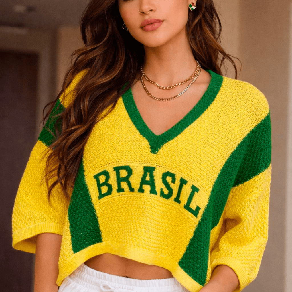 Blusa Feminina Cropped Manga 3 Quartos Brasil Copa Elegante Casual Tricot Básico