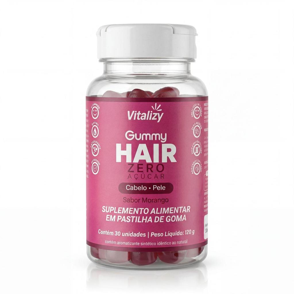 Gummy Hair Vitamina Cabelo Pele Unhas com Biotina Crescimento Capilar 30 Gomas Morango Zero Açúcar Vitalizy Original