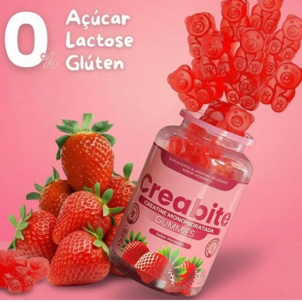 Pote de creatina em goma de 60 unidades Sabor Morango/zero açúcar 100% pura mono hidratada/importada