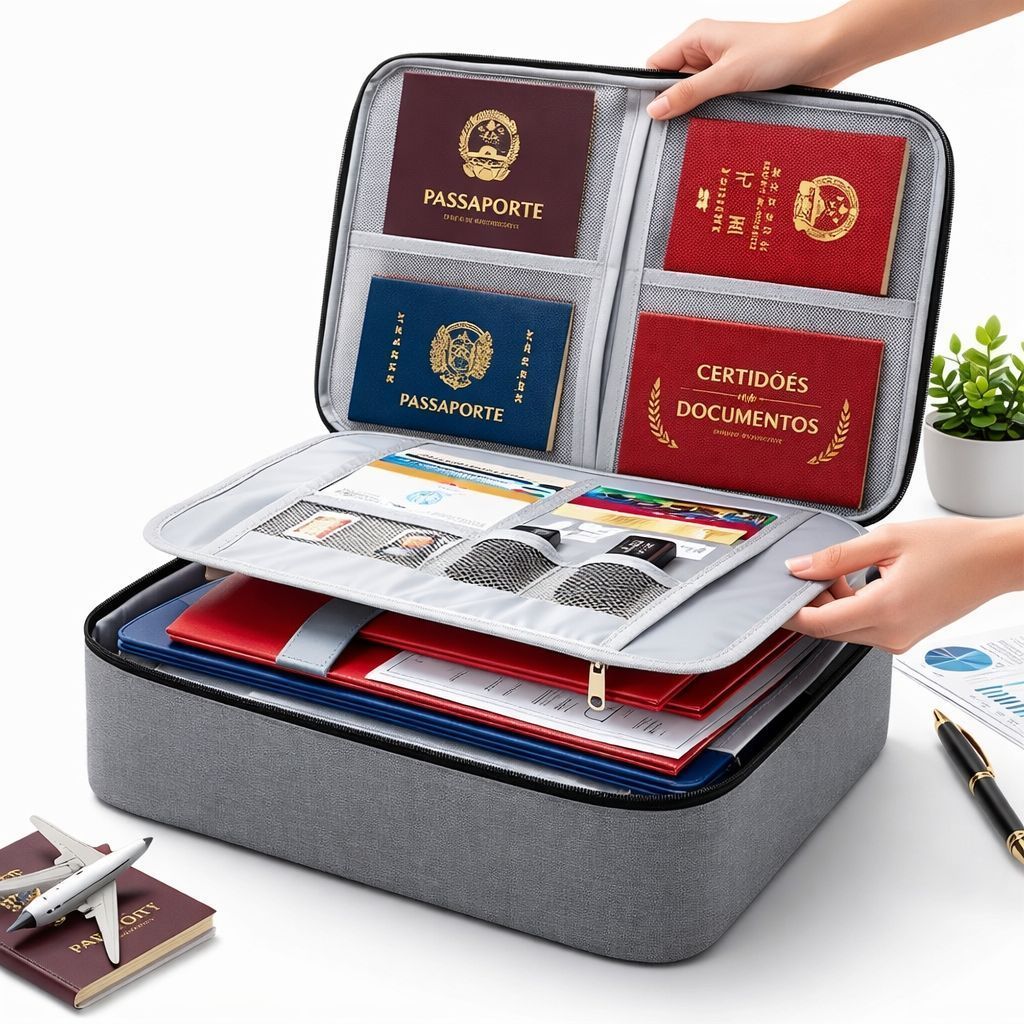 Bolsa Pasta Organizador De Documentos Vários Compartimento Trava Com Segredo Passaporte Porta Cartão