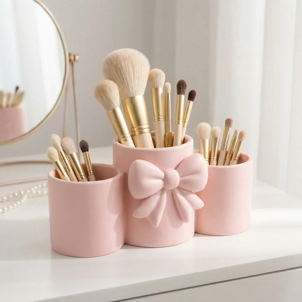 Porta Pincéis de Maquiagem e Canetas com Laço Elegante – Organizador de Mesa