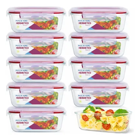 Kit 10 Potes Herméticos Vidro 640ml Marmita Forno Micro-onda Vidro