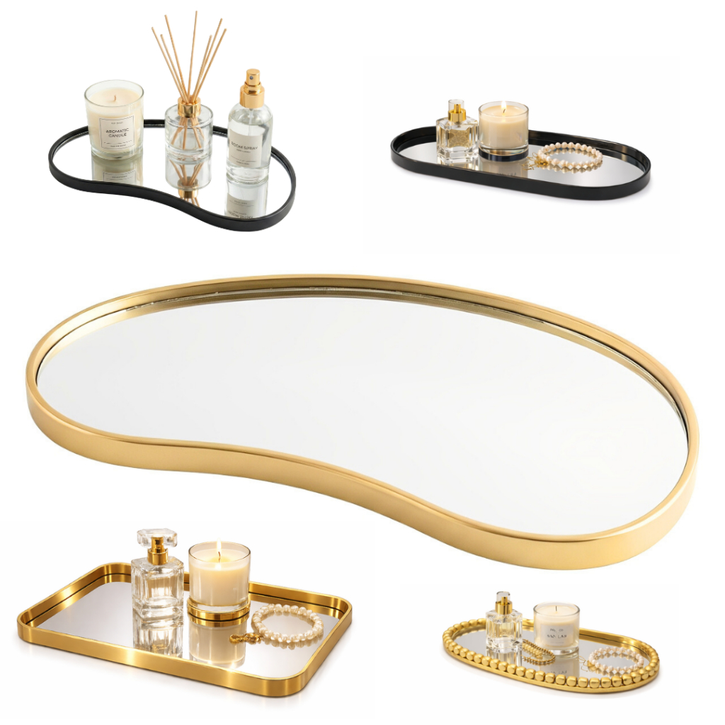 Bandeja Orgânica Decorativa Espelhada Dourada Multiuso Banheiro Lavabo Sala Preta Porta Maquiagem