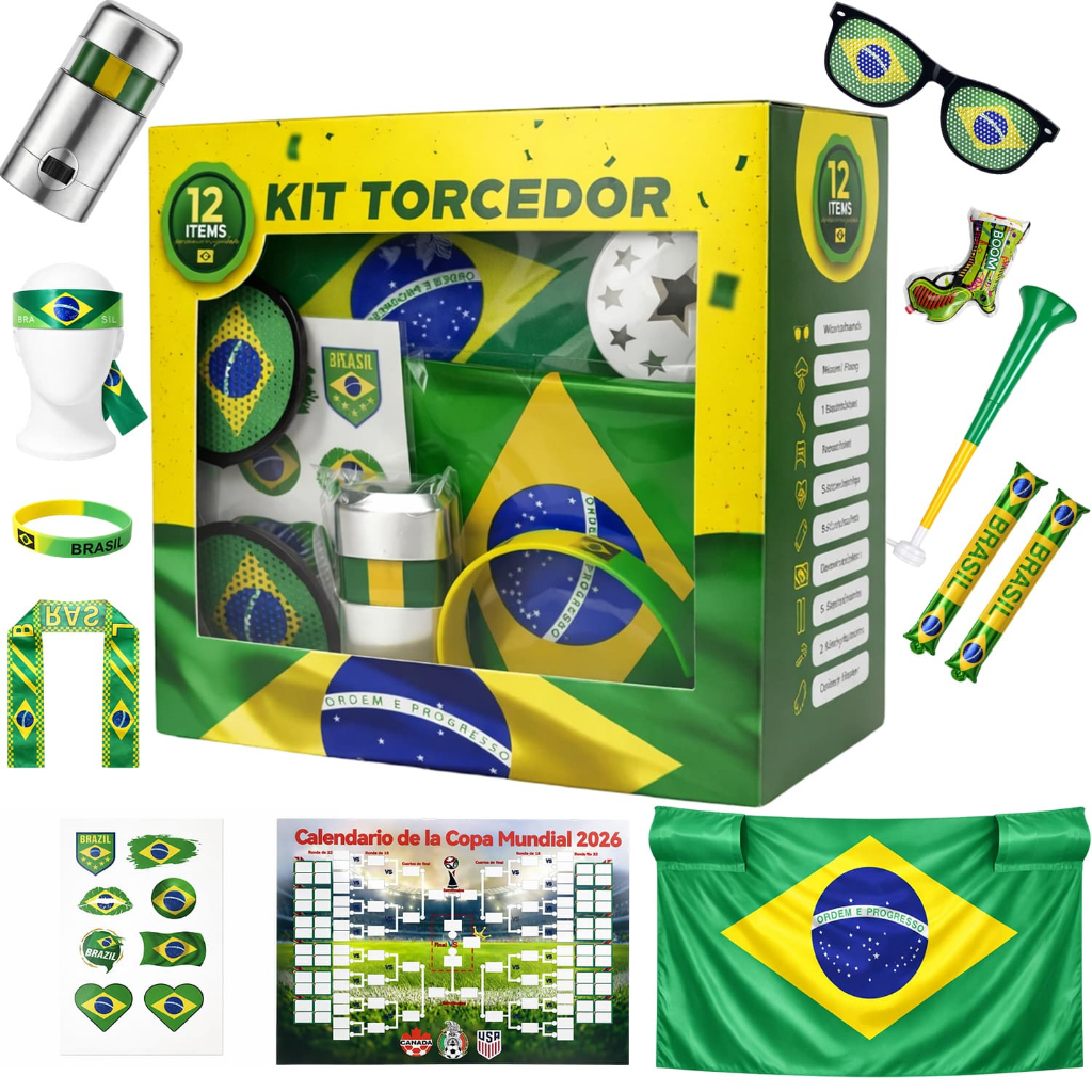 Combo Torcedor Bandeira Copa 2026 Adesivo Trompete Pintura Facial Bandeira Brasil Adesivo Vuvuzela