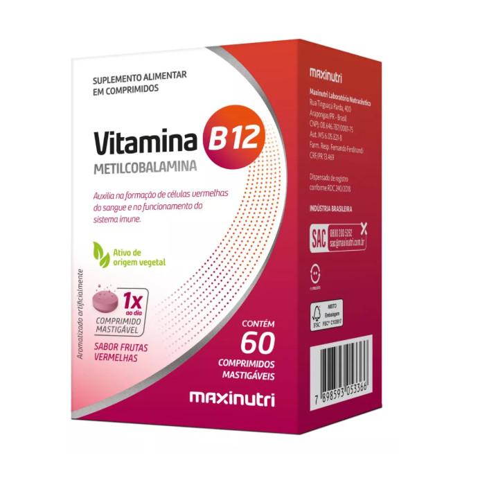Vitamina B12 Metilcobalamina Mastigáveis (60 Comprimidos) Maxinutri