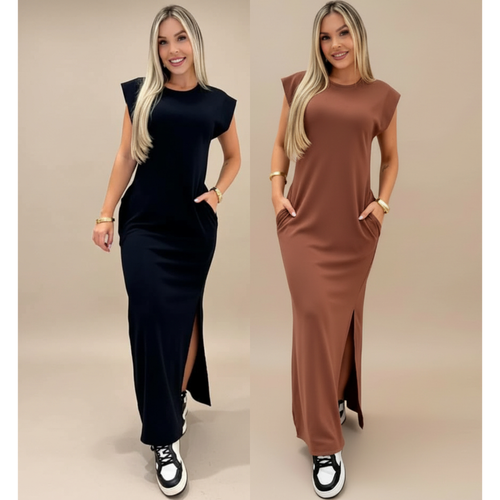 Vestido longo casual básico feminino ribana manga canelada muscle fashion gringa preto marrom