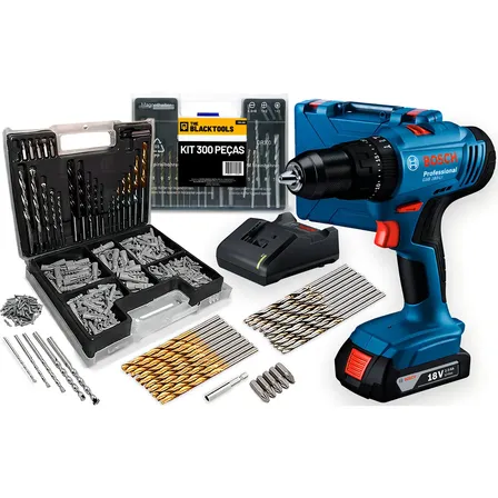 Parafusadeira E Furadeira De Impacto Bosch A Bateria 18v Maleta - Gsb 183-li Com Kit Brocas Buchas E Bits 300 Peças Azul 127/220v 50hz/60hz