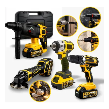 Kit Multiferramentas 4 Em 1 | 48v Sem Fio Com 2 Baterias Furadeira Parafusadeira, Martelete, Esmerilhadeira, Chave De Impacto Com Maleta Alta Potência Uso Profissional E Doméstico Simake
