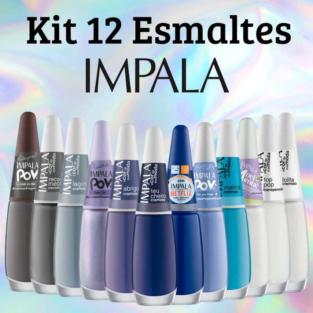 Kit 12 Esmaltes Impala Variados Tons de Azuis Manicures Madrinhas Azul Marinho