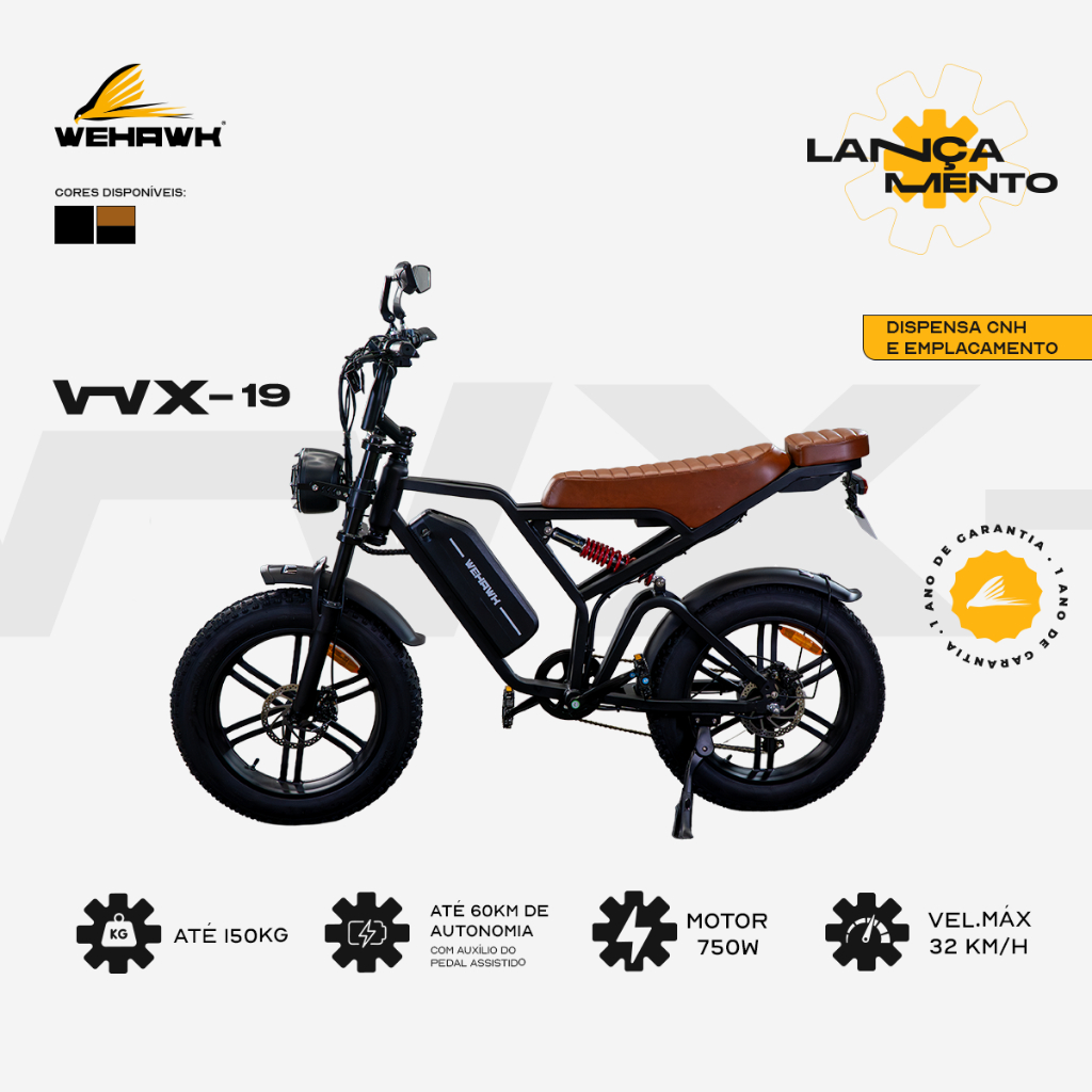 Bicicleta Elétrica 750W Fat Bateria de Lítio Removível E-bike Wehawk Wx-19 48V 15Ah Marrom